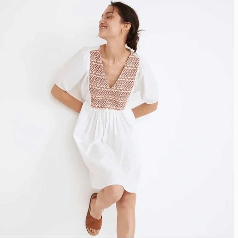 NWT Madewell White Orange Peasant Bohemian Embroidered Poplin V-Neck Mini Dress